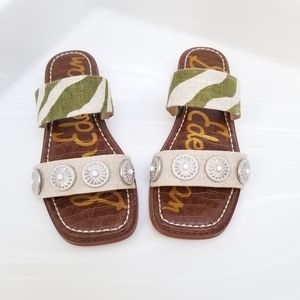 Sam Edelman 'Hera' flat sandal green zebra print with metal accents size 8M